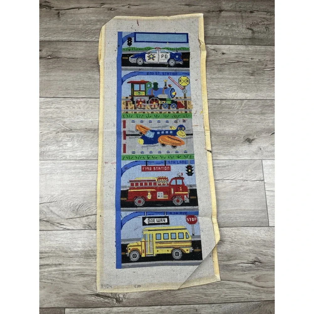 Handpainted Needlepoint Canvas Fire‎ Truck Police Car School Bus Train Airplane